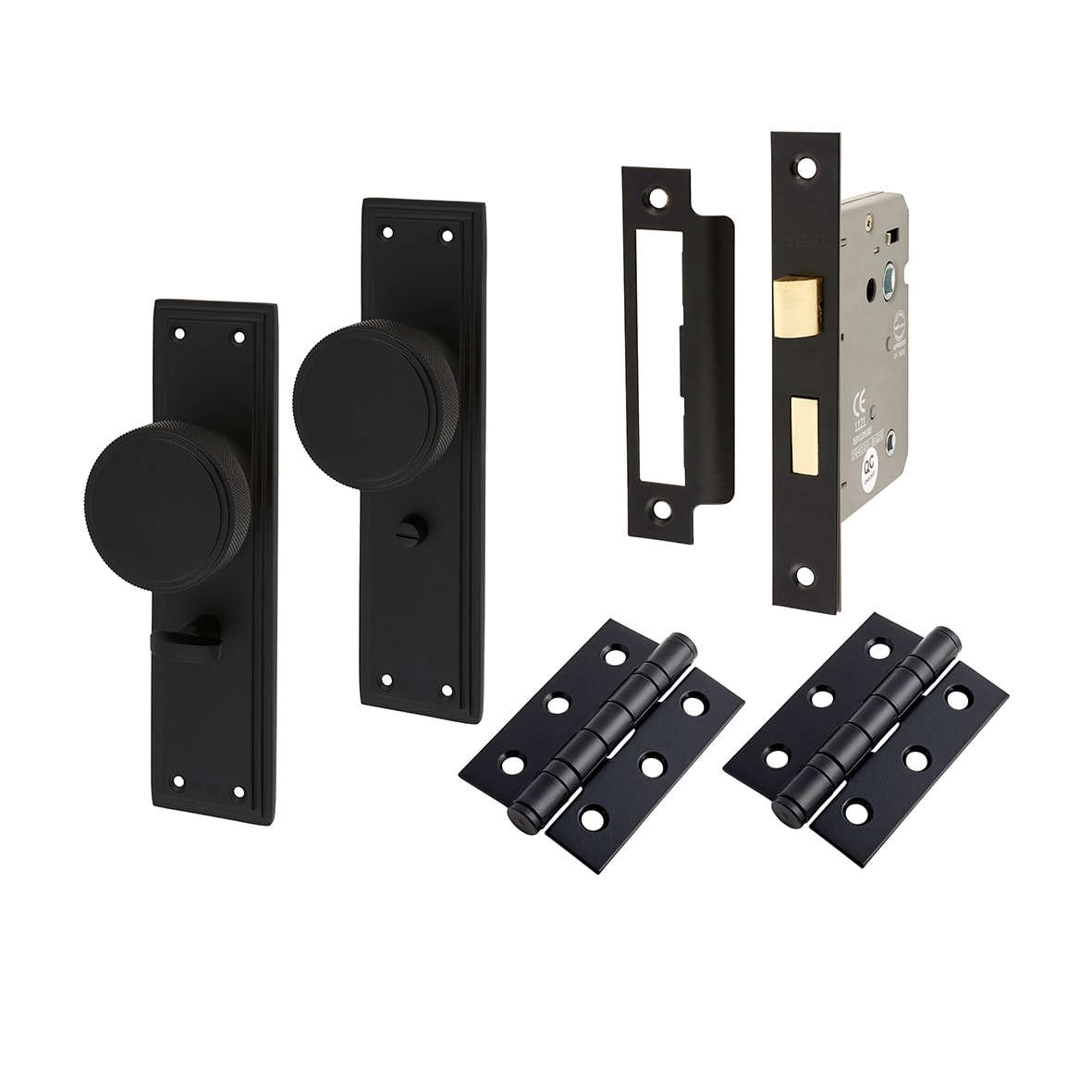 Matt Black Knurled Bathroom Lock Mortice Door Knobs on Backplate Pack - Miller Range - 205 x 52mm