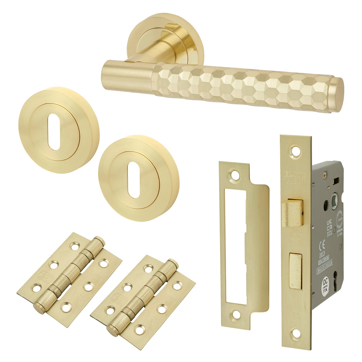 Satin Brass Honeycomb 3 Lever Sashlock Door Handles on Rose Pack - Cara Range