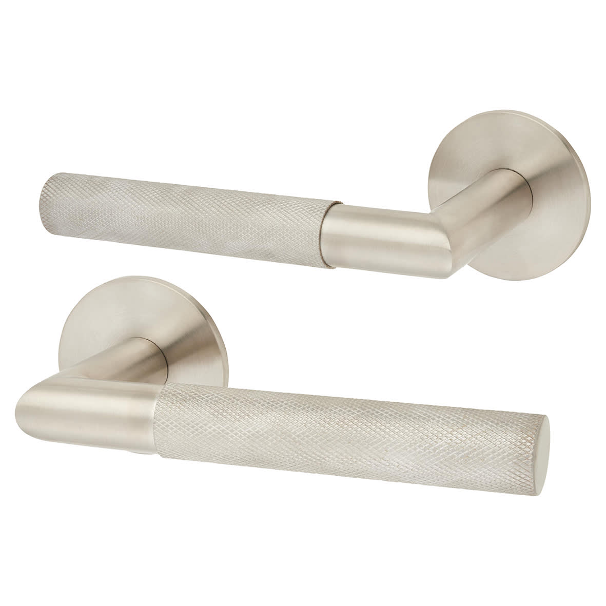 Satin Stainless Steel Knurled Door Handles on Round Slim Rose - Schema Modell Range