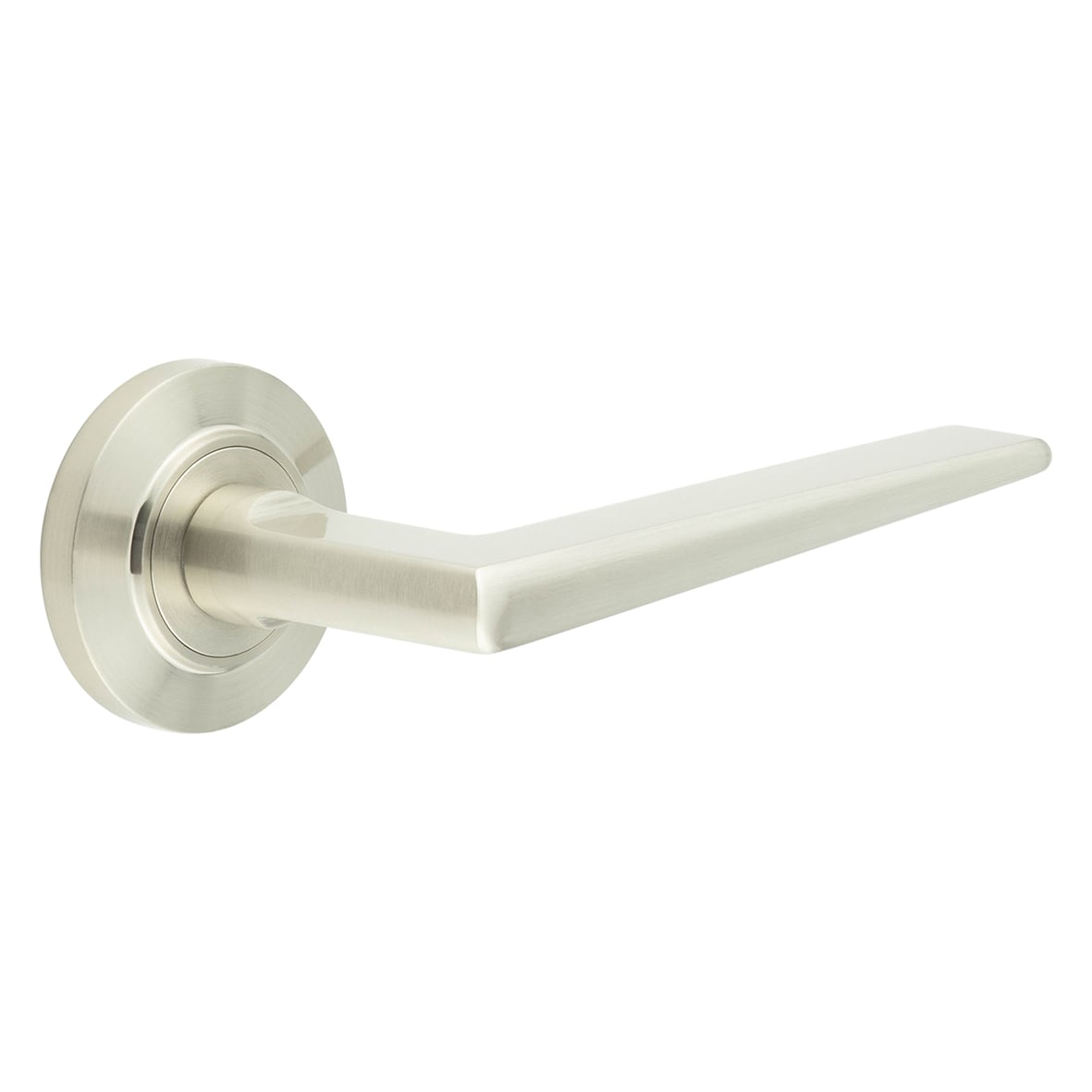 Satin Nickel Fire Rated Door Handles on Round Chamfered Rose - Mayfair Range
