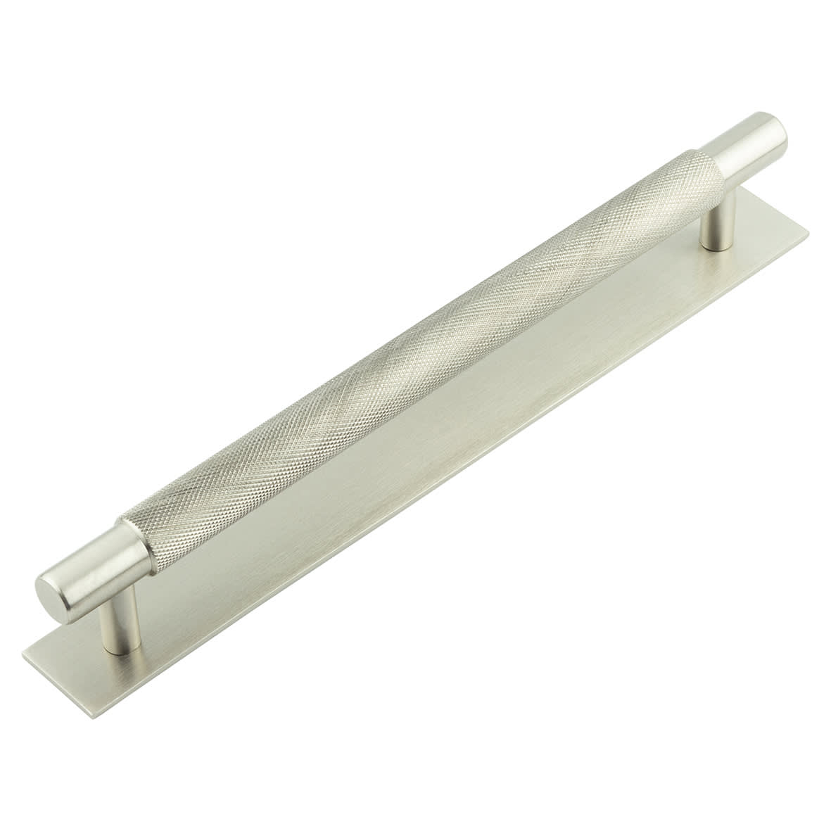 Taplow 18mm Knurled T-Bar Cabinet Pull Handle on Plain Backplate - 224mm c/c - Satin Nickel