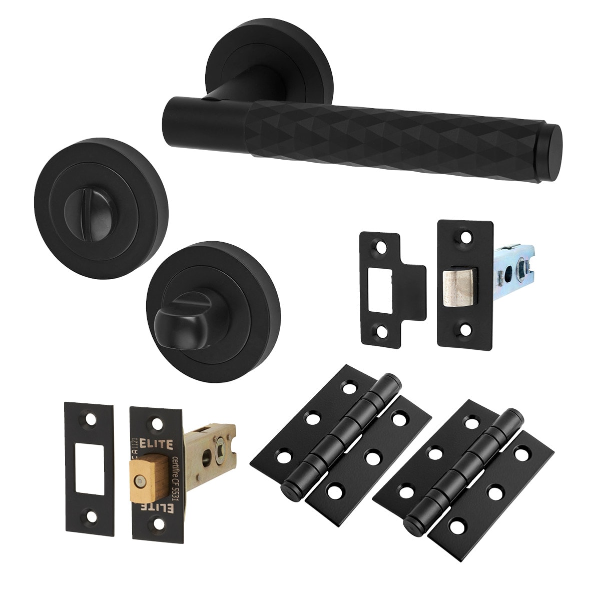 Matt Black Diamond Bathroom Deadbolt Lock Door Handles on Rose Pack - Luna Range