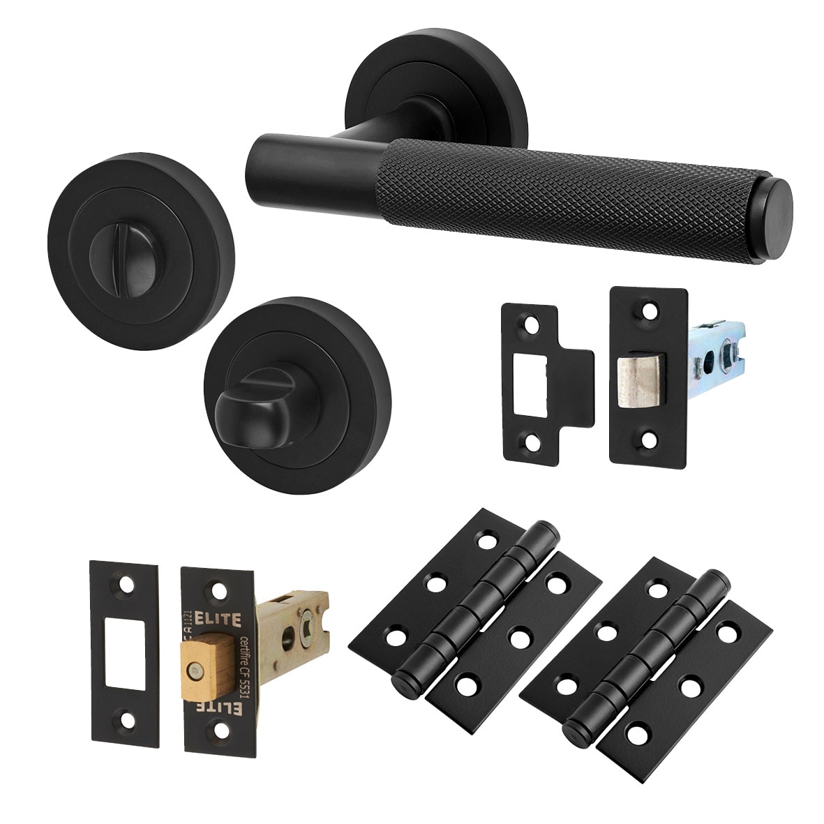 Matt Black Knurled Bathroom Deadbolt Lock Door Handles on Rose Pack - Remi Range