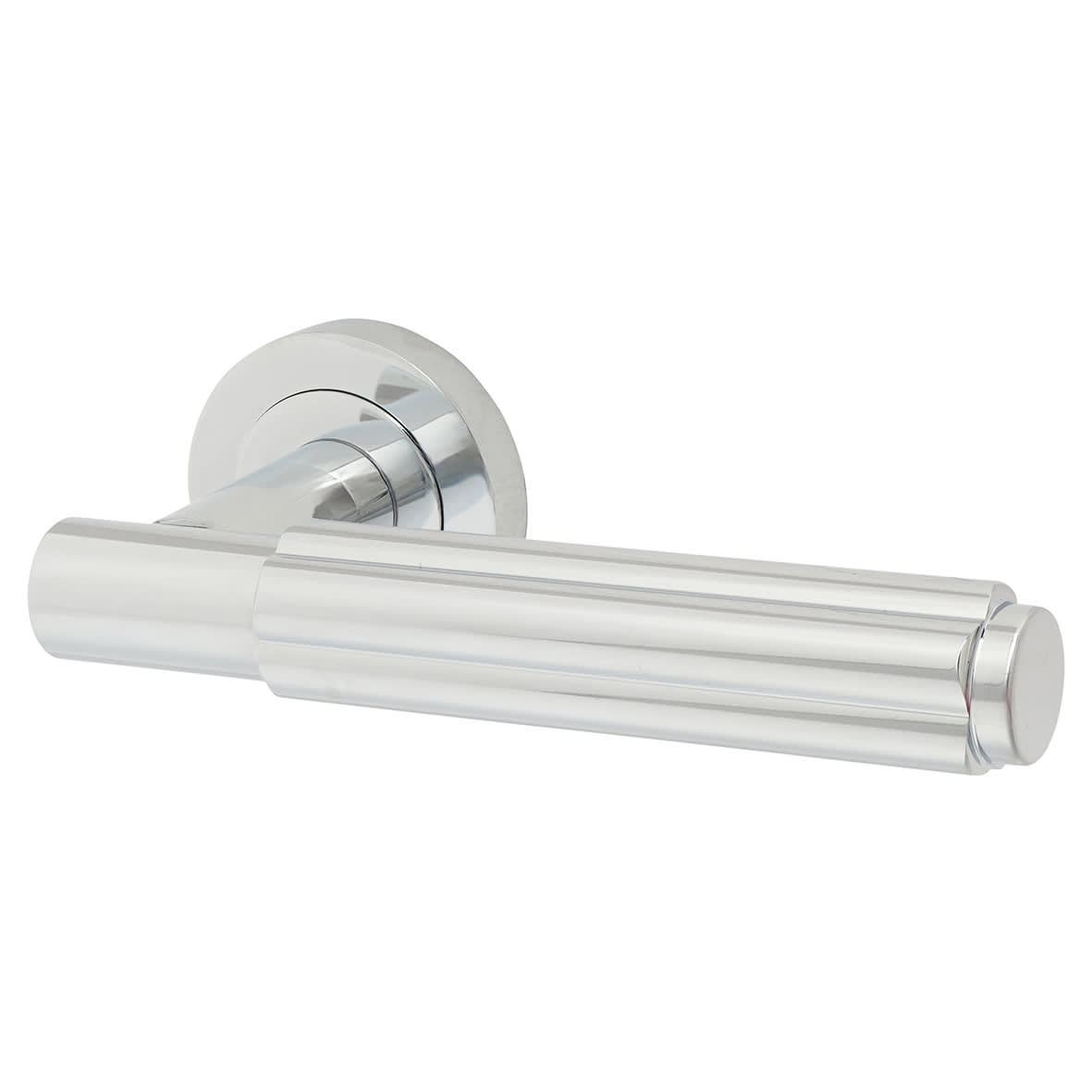 Polished Chrome Fire Rated Fluted Door Handles on Round Rose - Bloom Range