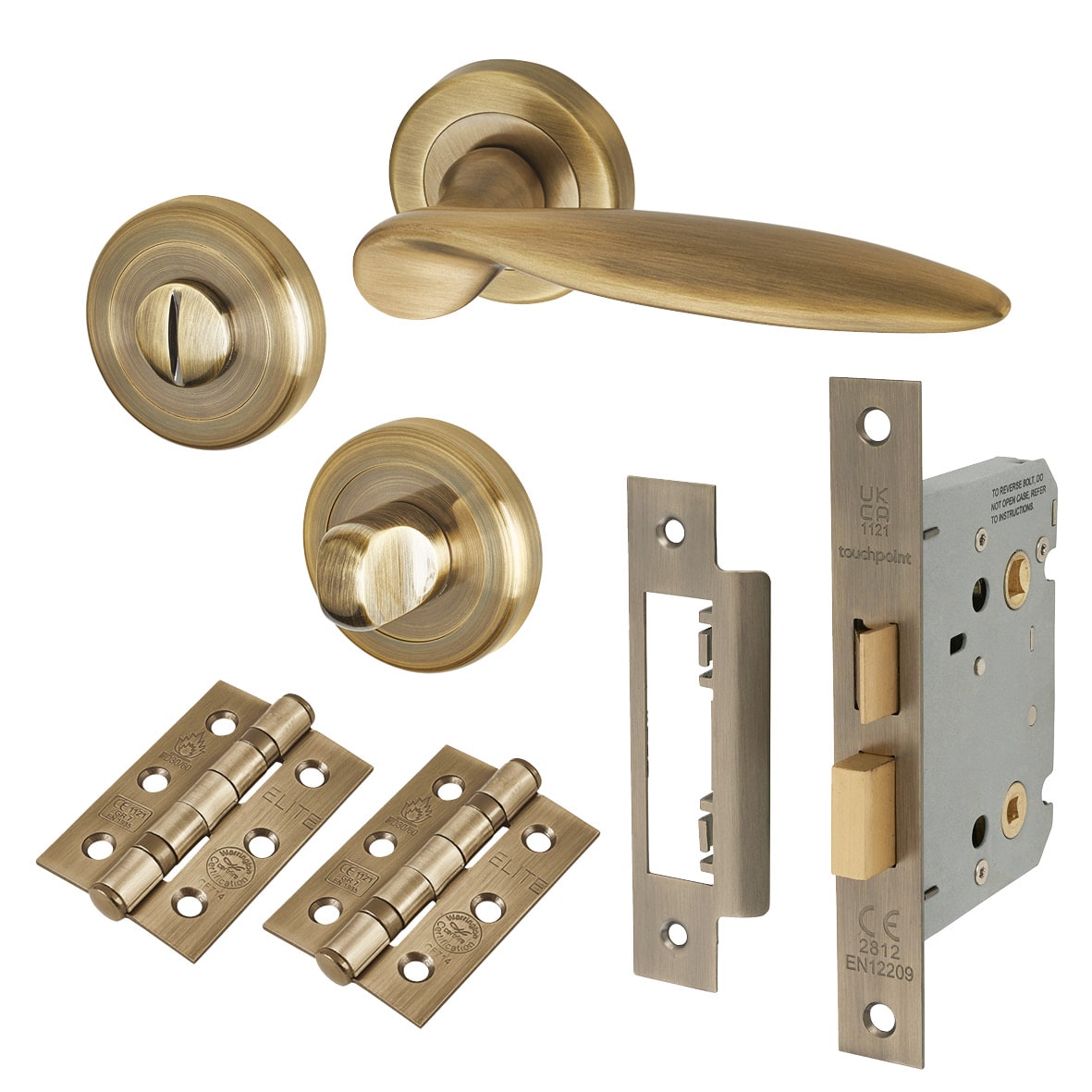 Antique Brass Bathroom Lock Door Handles on Rose Pack - Lancaster Range