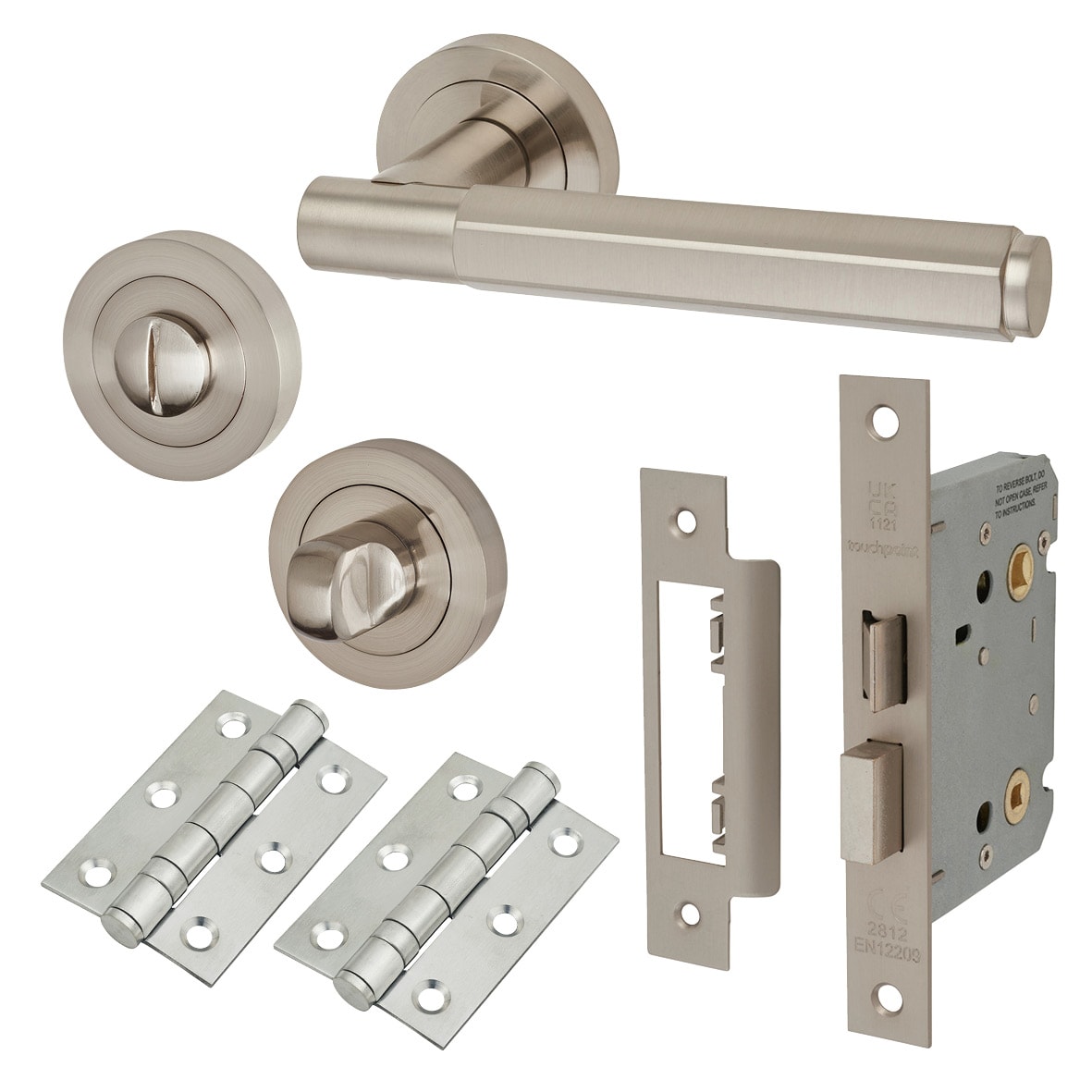 Satin Nickel Hexagonal Bathroom Lock Door Handles on Rose Pack - Juno Range