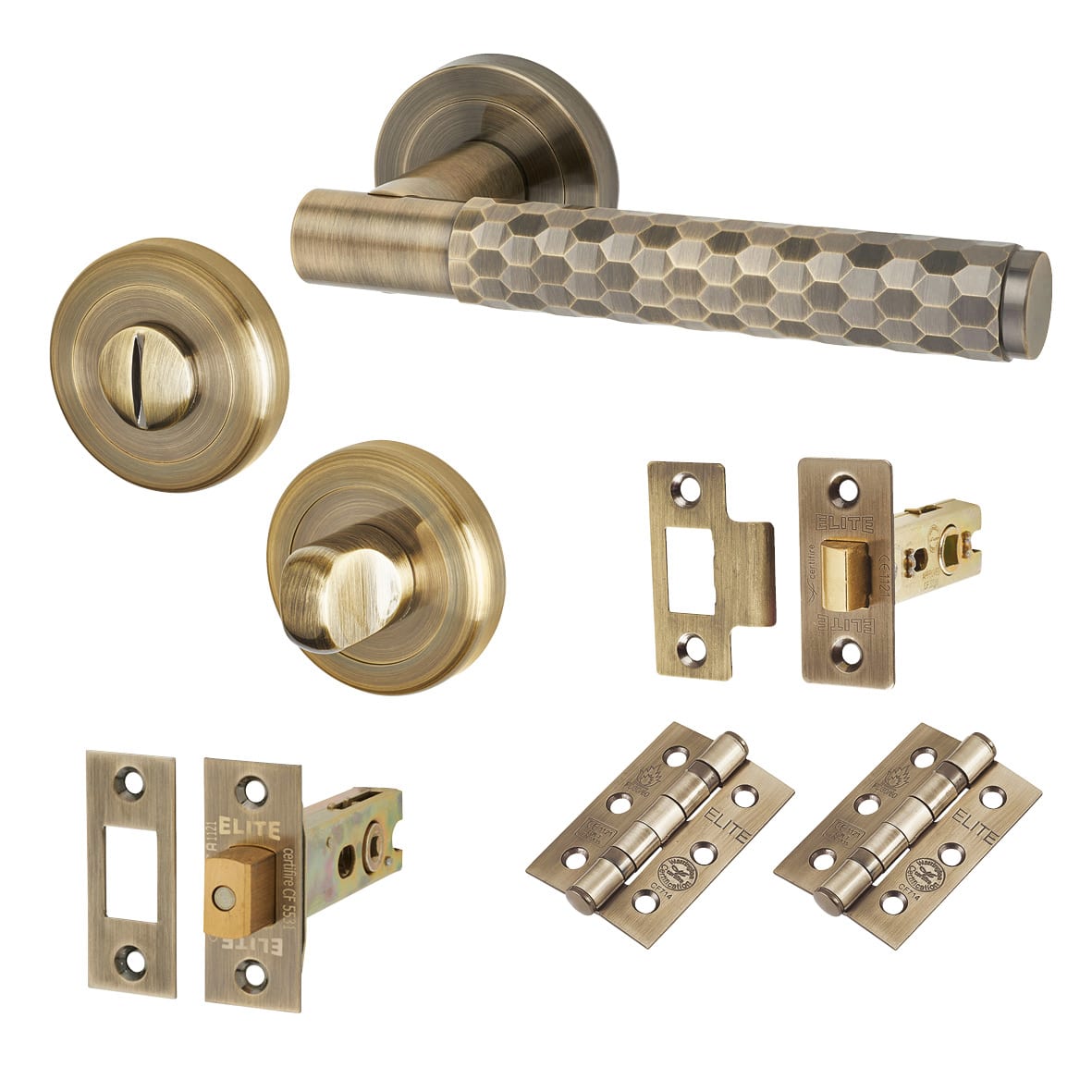 Antique Brass Honeycomb Bathroom Deadbolt Lock Door Handles on Rose Pack - Cara Range