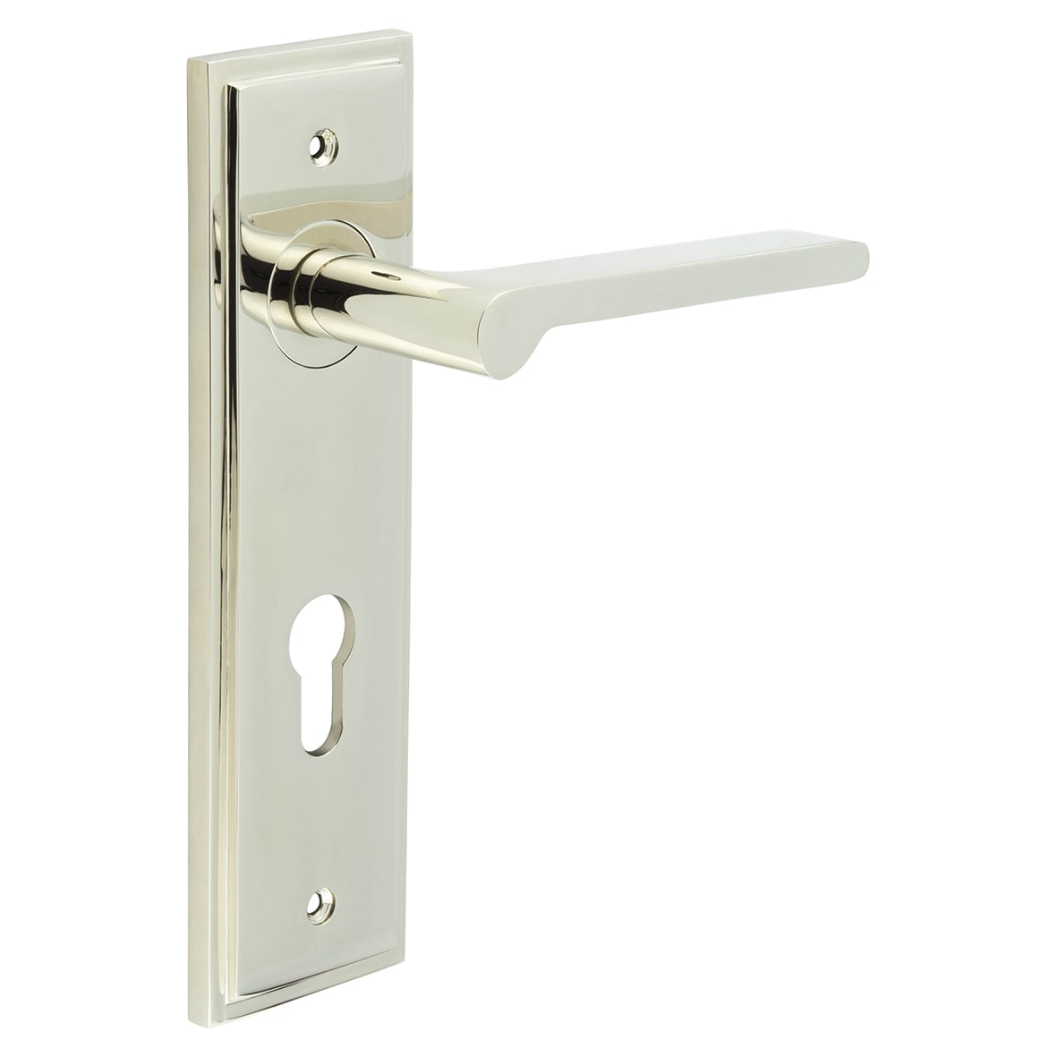 Polished Nickel Fire Rated DIN Euro Lock Door Handles - Fitzrovia - 200 x 55mm