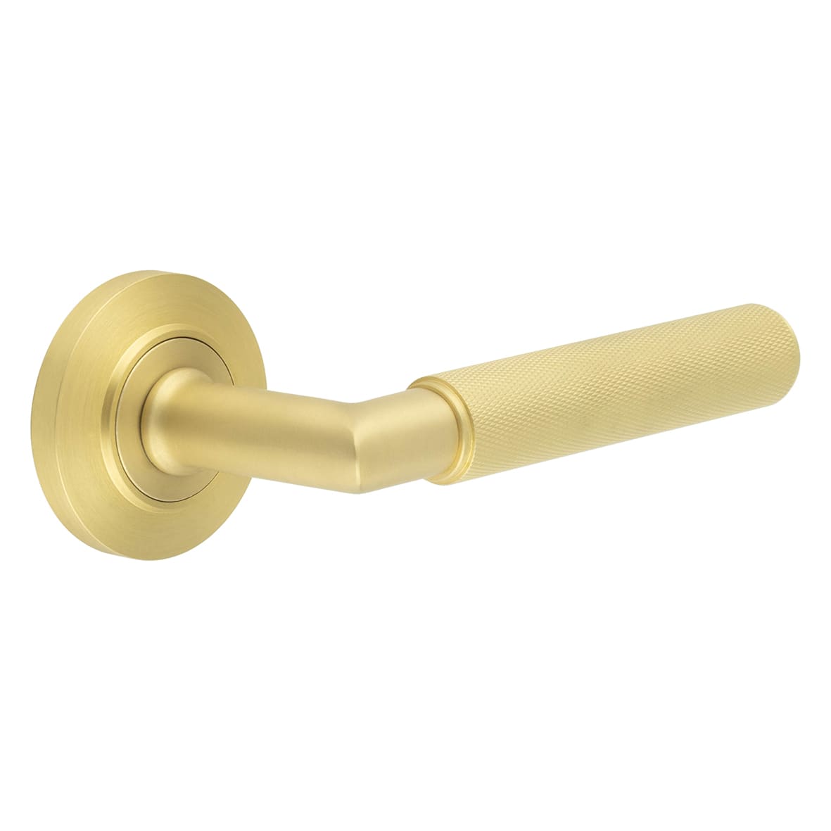 Satin Brass Knurled Fire Rated Door Handles on Round Chamfered Rose - Piccadilly Range
