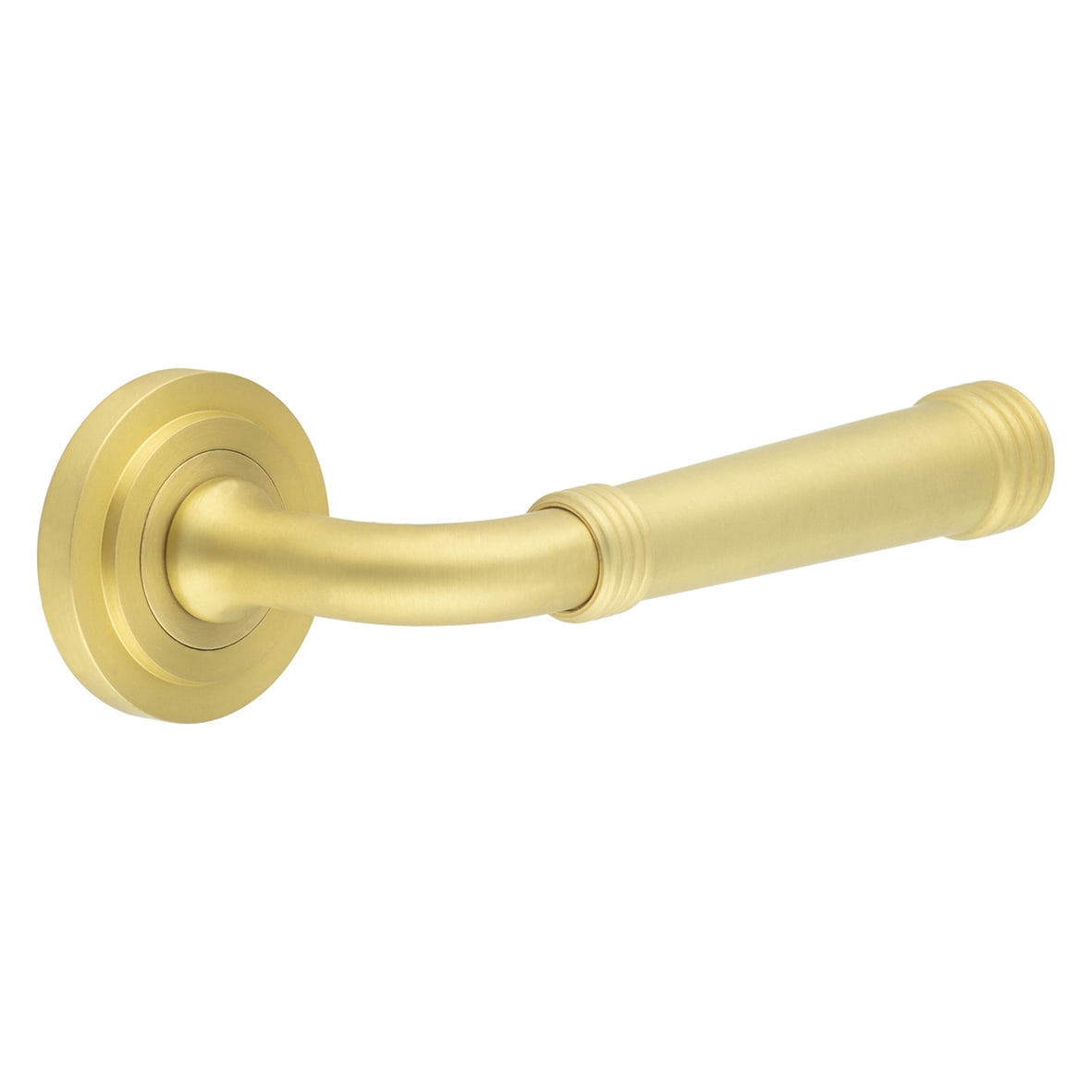 Satin Brass Fire Rated Door Handles on Round Stepped Rose - Highgate Range