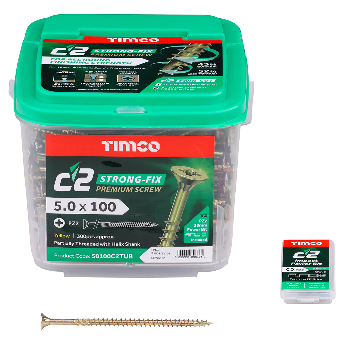 C2 Strong-Fix Pozi Double Countersunk Twin-Cut Wood Screws Tub - 5.0 x 100mm - Pack of 300