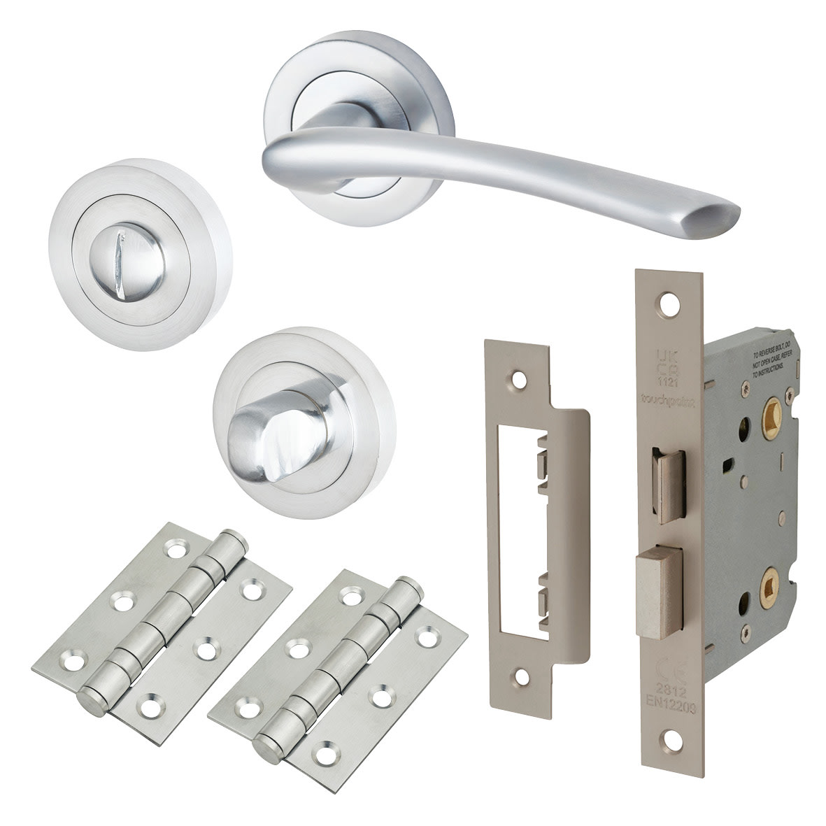 Satin Chrome Bathroom Lock Door Handles on Rose Pack - Rimini Range