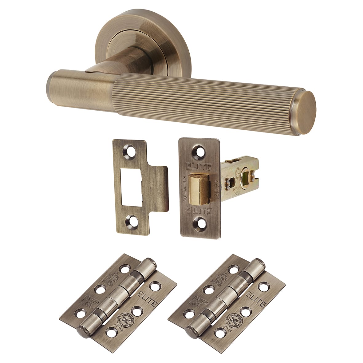 Antique Brass Lines Latch Door Handles on Rose Pack - Nova Range