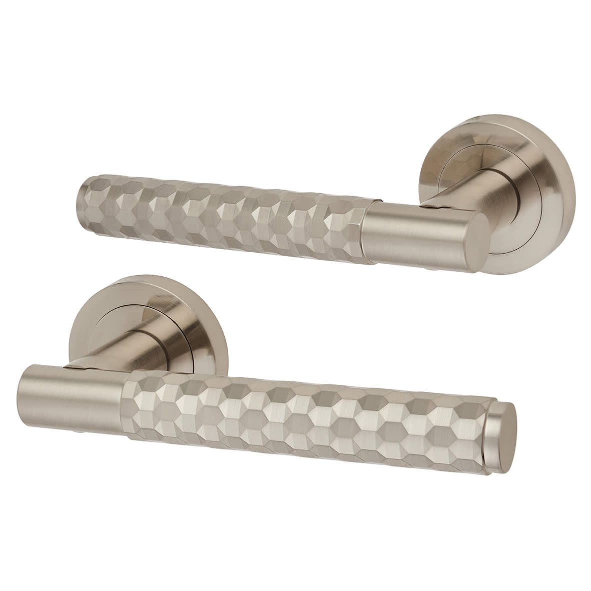 Satin Nickel Honeycomb Door Handles on Round Rose - Cara Range