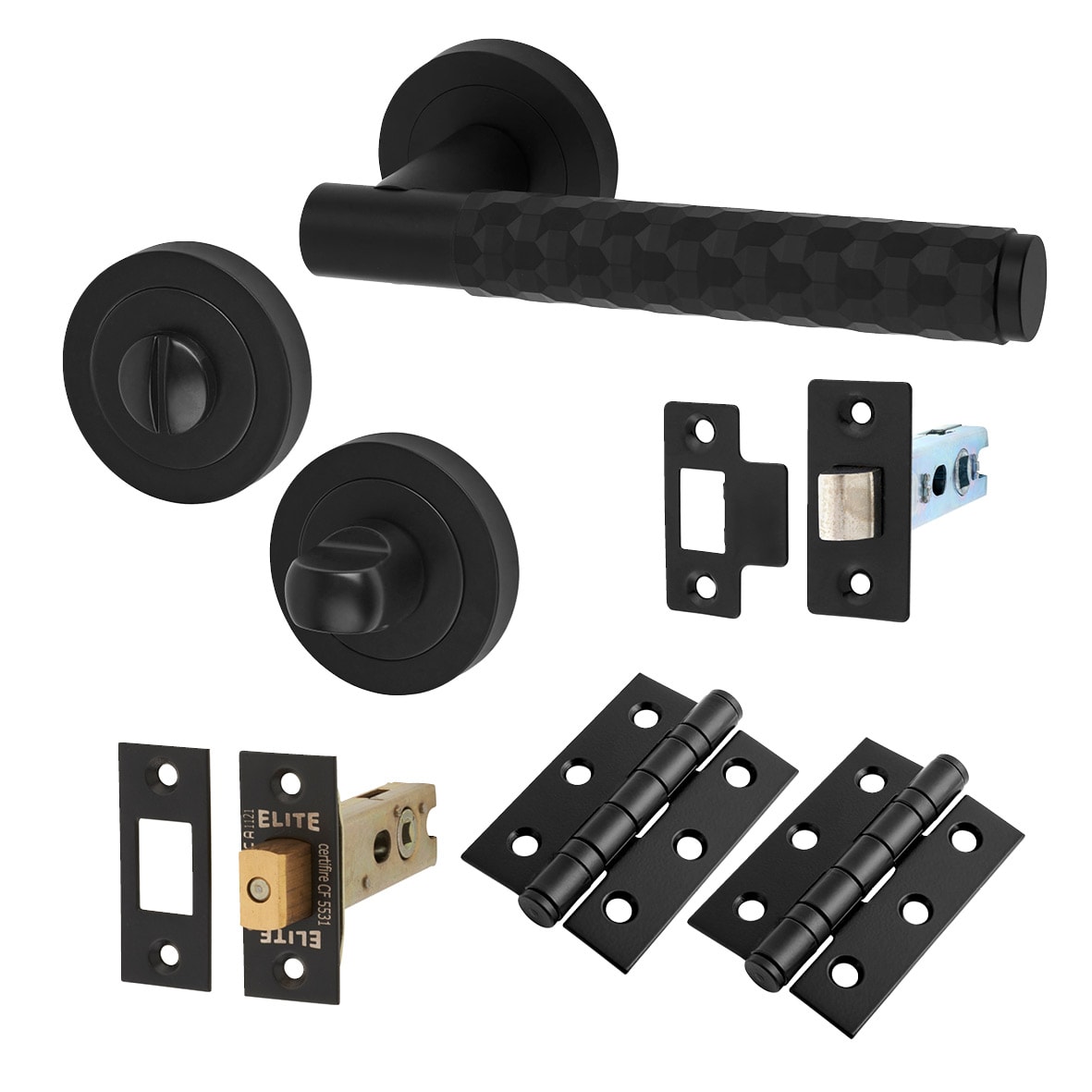 Matt Black Honeycomb Bathroom Deadbolt Lock Door Handles on Rose Pack - Cara Range