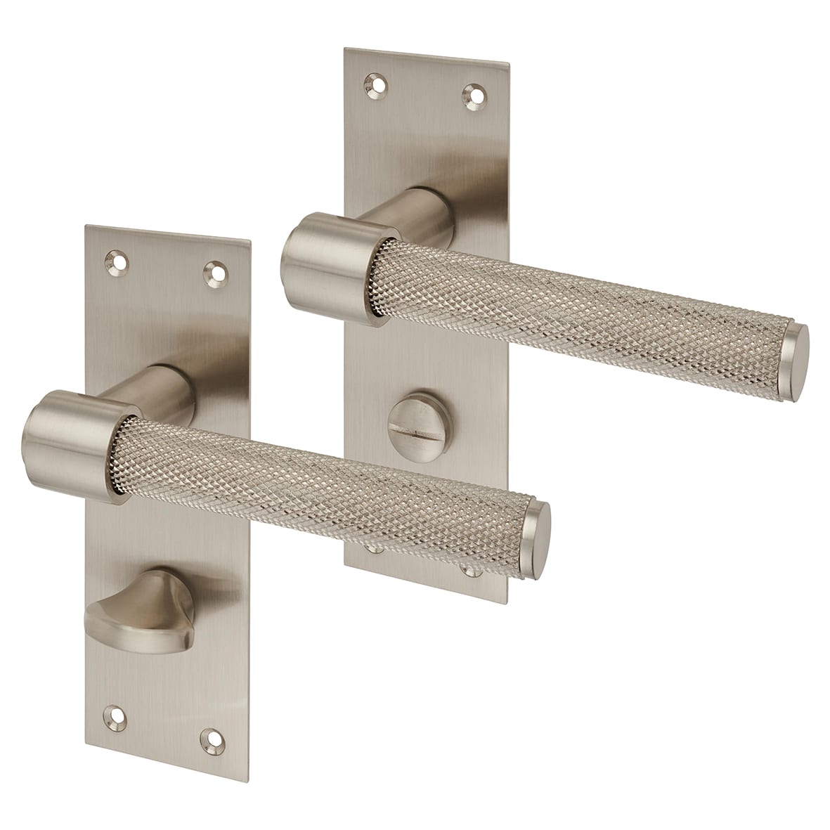 Satin Nickel Knurled Bathroom Door Handles - Loxley Range - 150 x 50mm