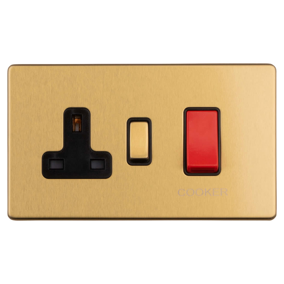 Concealed 45A 2 Gang DP Cooker Switch & 13A Switched Socket - Satin Brass/Black