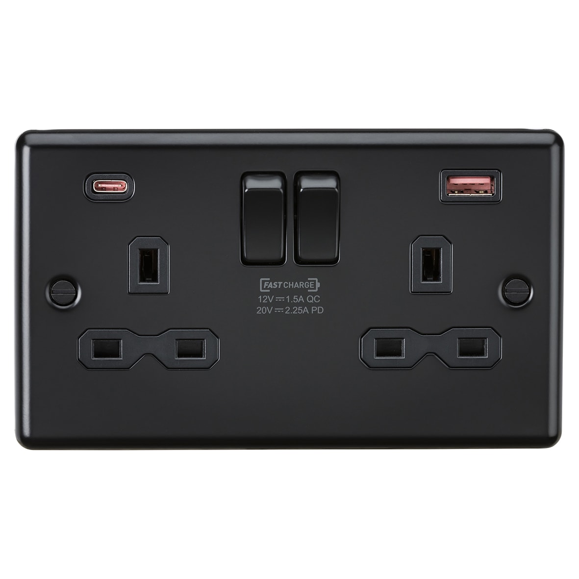 13A 2 Gang Round Edge Type A/C 45W USB Socket with 2 x USB - 2.25A - Matt Black/Black
