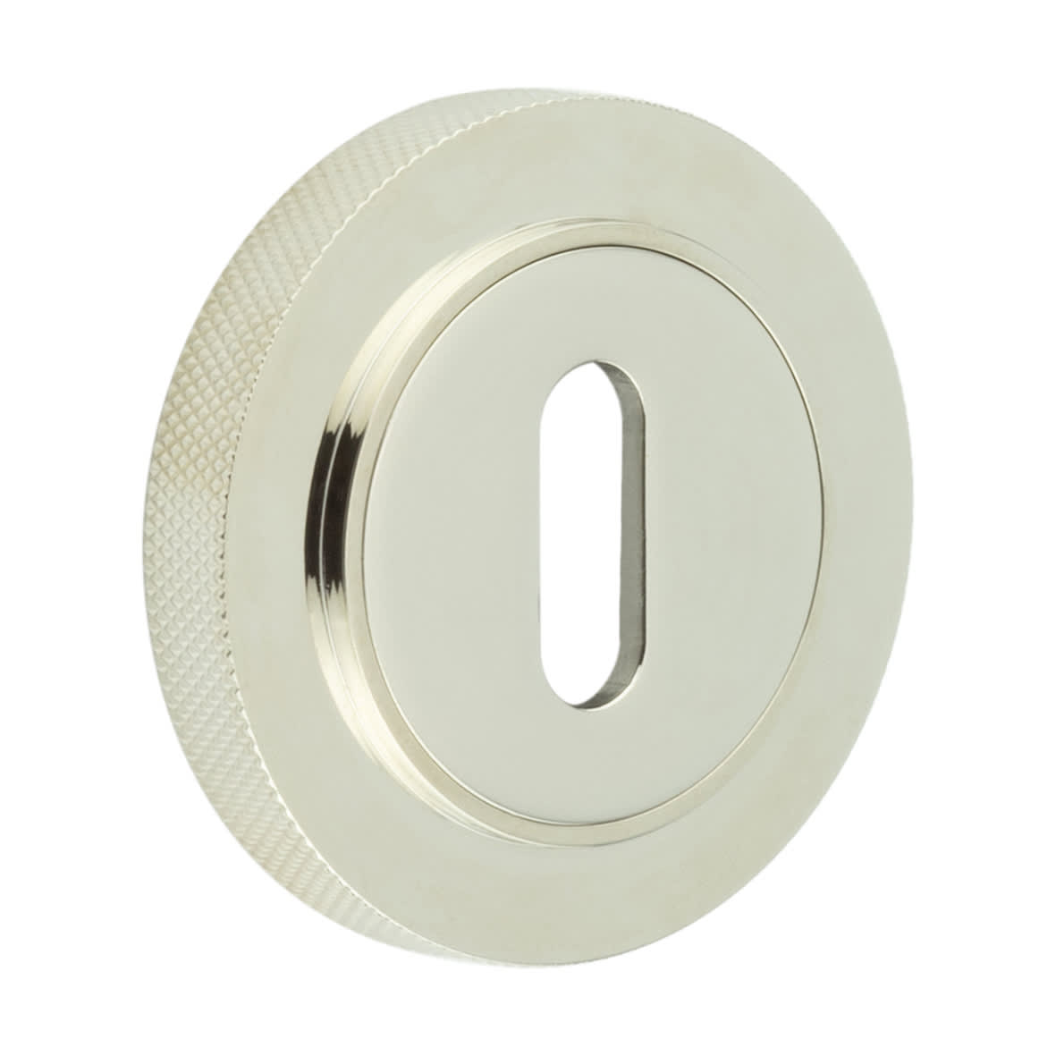 Escutcheon on Knurled Rose - 53mm Diameter - Keyhole - Polished Nickel