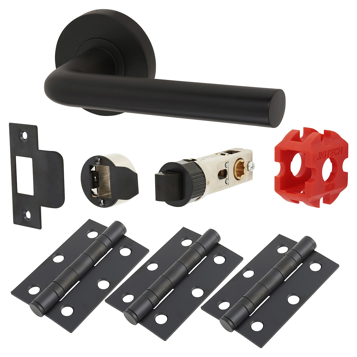 Matt Black Latch Door Handles on Rose Pack - Passage - Riva Range