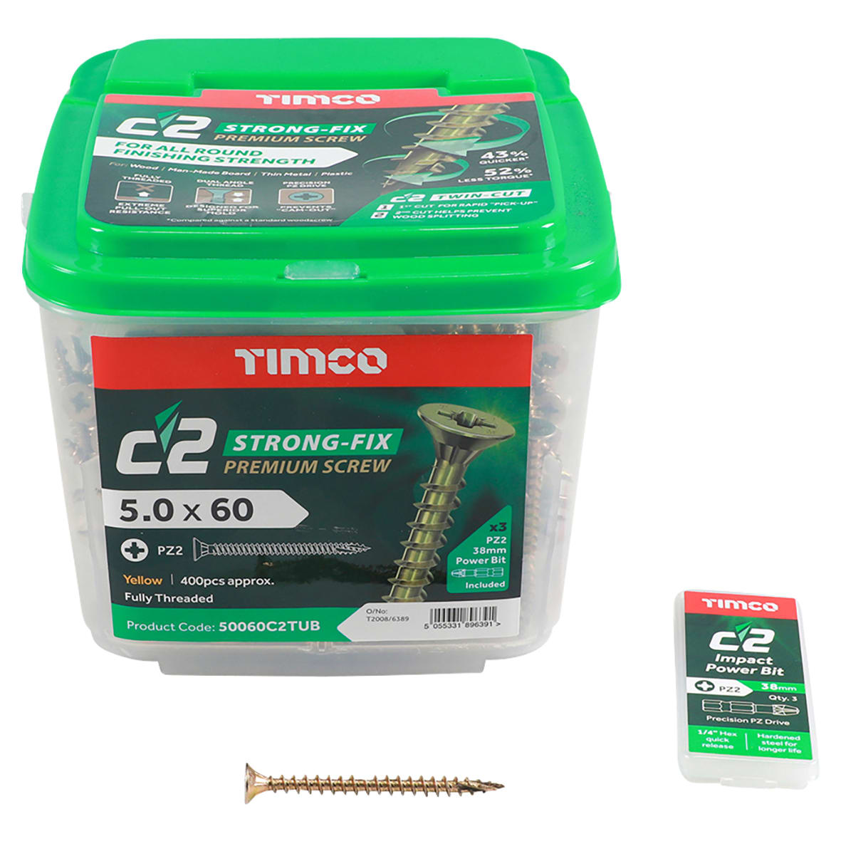C2 Strong-Fix Pozi Double Countersunk Twin-Cut Wood Screws Tub - 5.0 x 60mm - Pack of 400