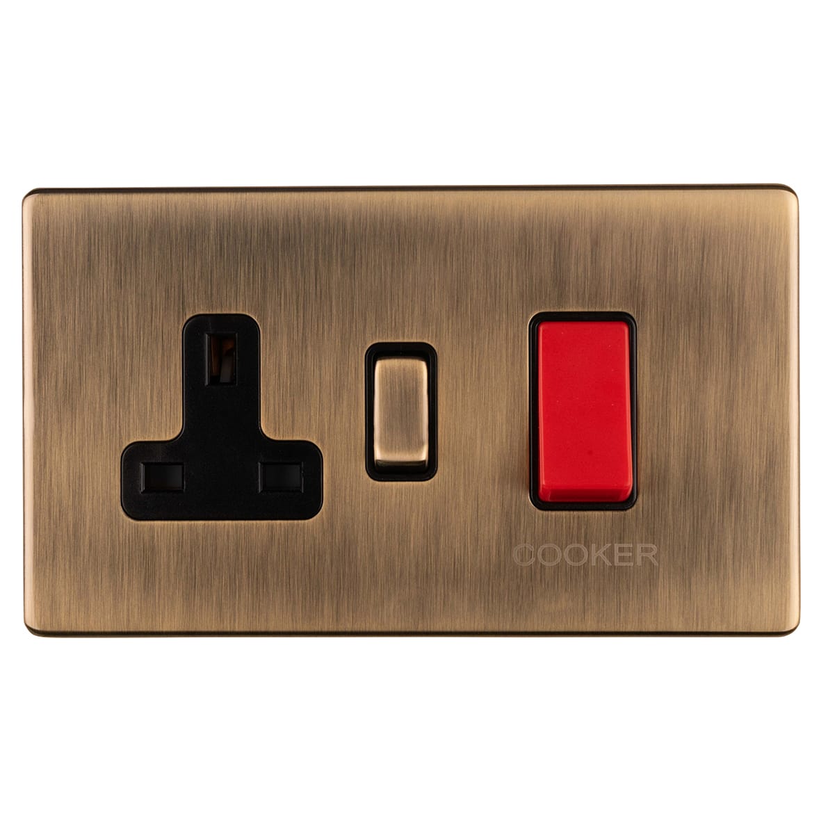 Concealed 45A 2 Gang DP Cooker Switch & 13A Switched Socket - Antique Brass/Black
