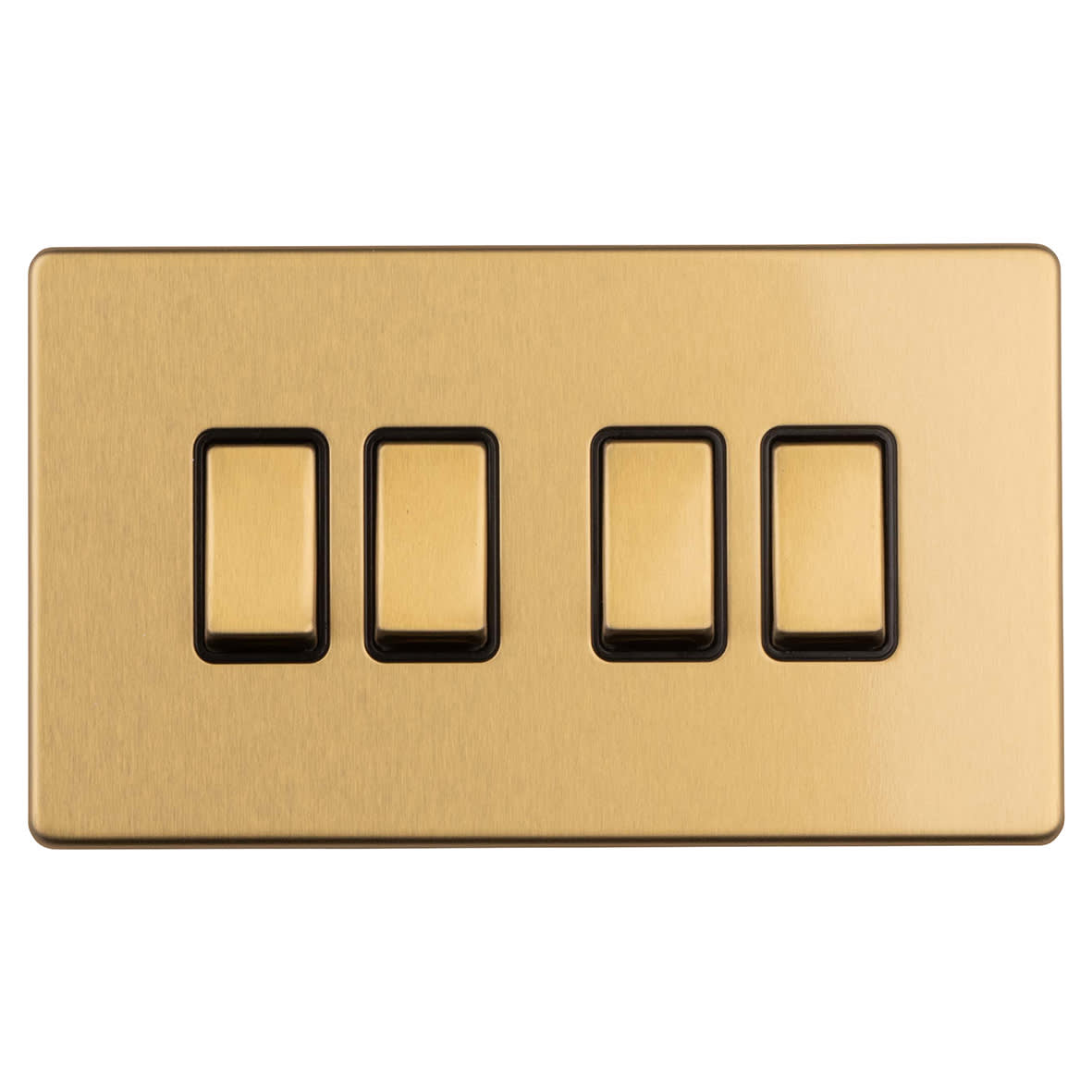 Concealed 10A 4 Gang 2 Way Screwless Flat Plate Light Switch - Satin Brass/Black