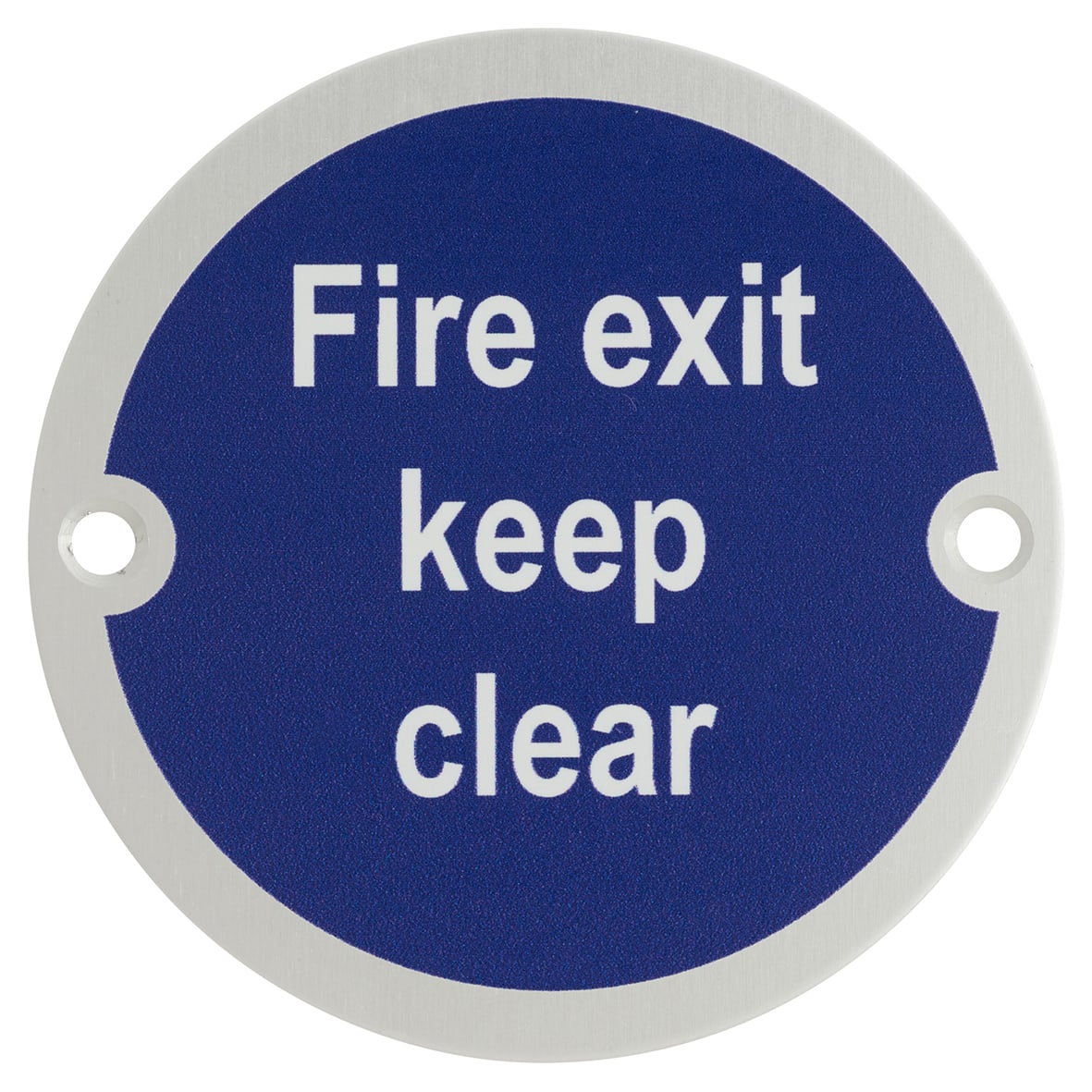 Fire Exit Keep Clear Door Sign - 75mm Diameter - Satin Anodised Aluminium