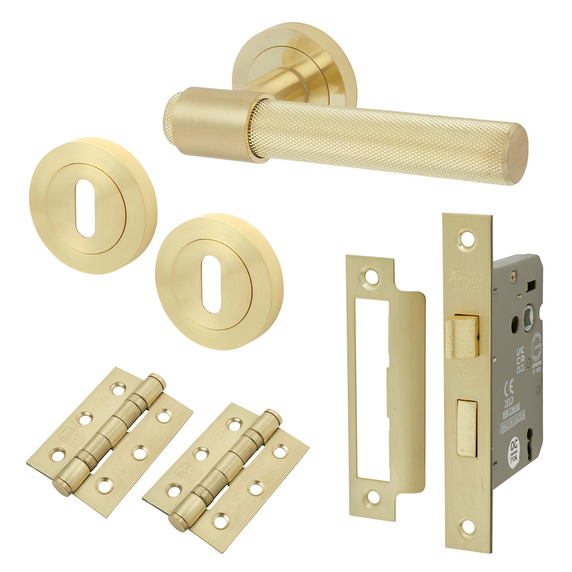 Satin Brass Knurled 3 Lever Sashlock Door Handles on Rose Pack - Esme Range