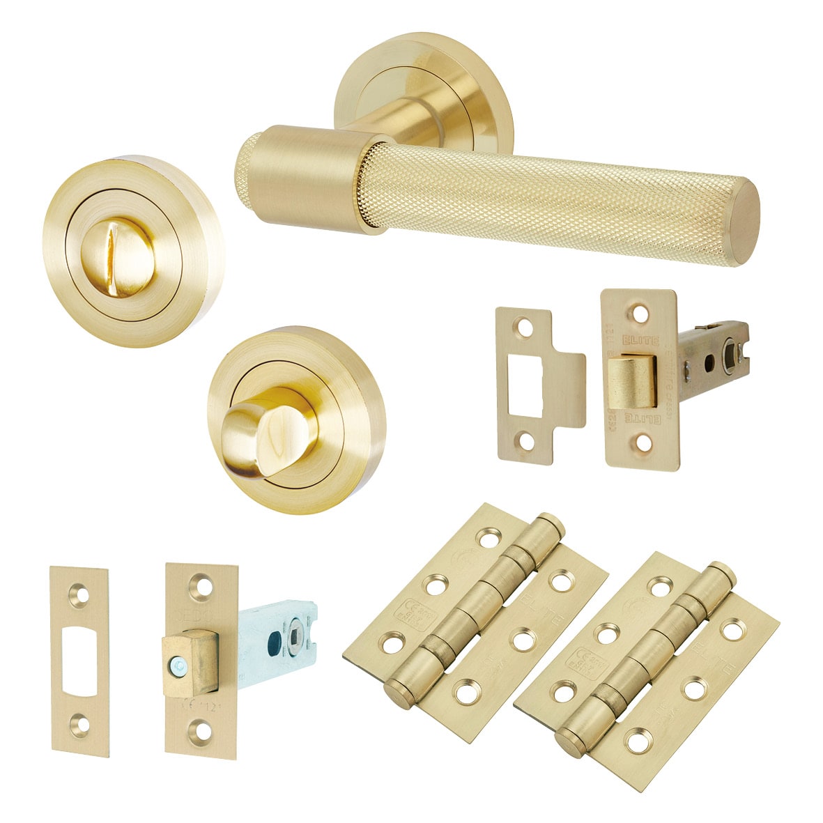 Satin Brass Knurled Bathroom Deadbolt Lock Door Handles on Rose Pack - Esme Range