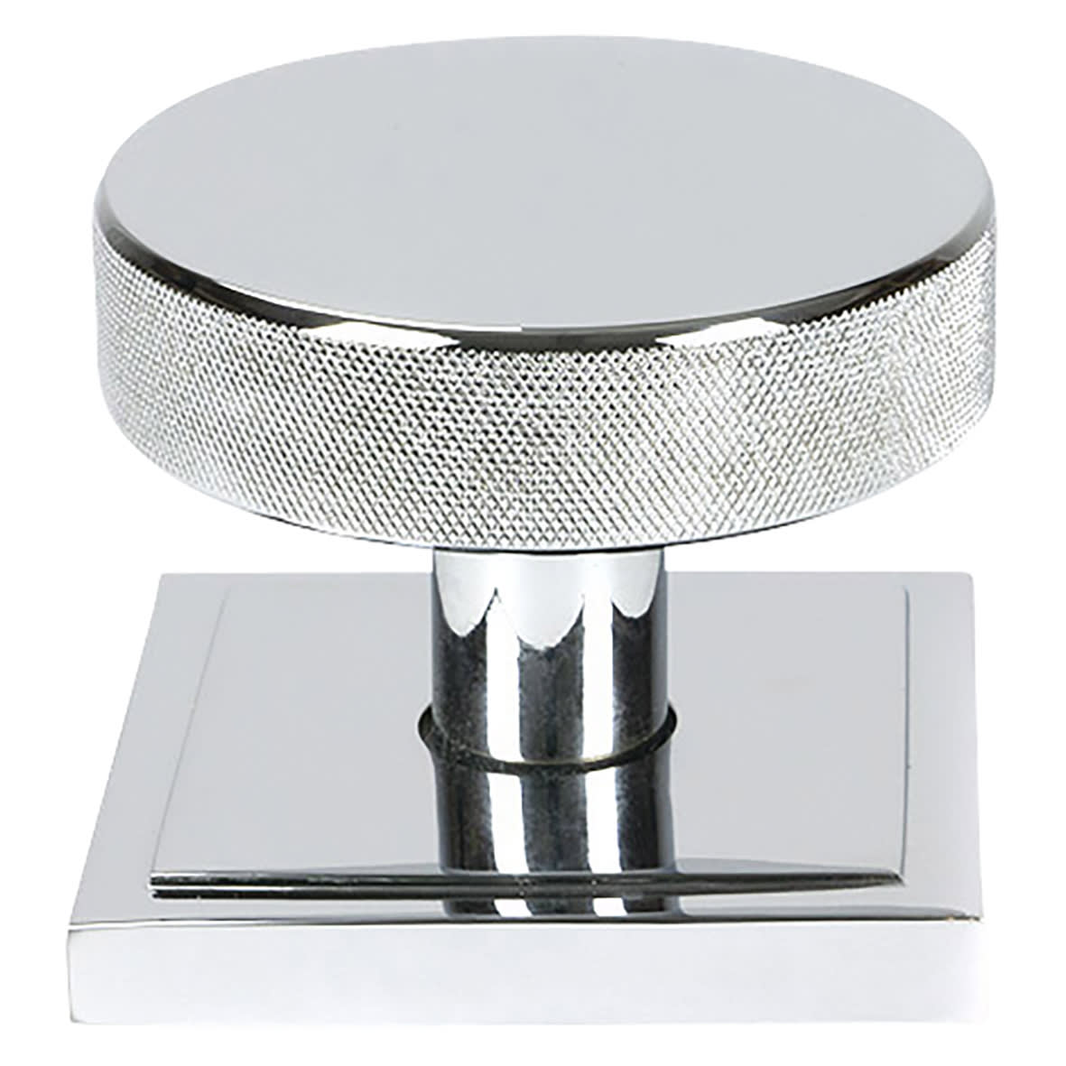 Brompton Polished Chrome Round Knurled Centre Door Knob on Square Rose - 90 x 90mm Rose