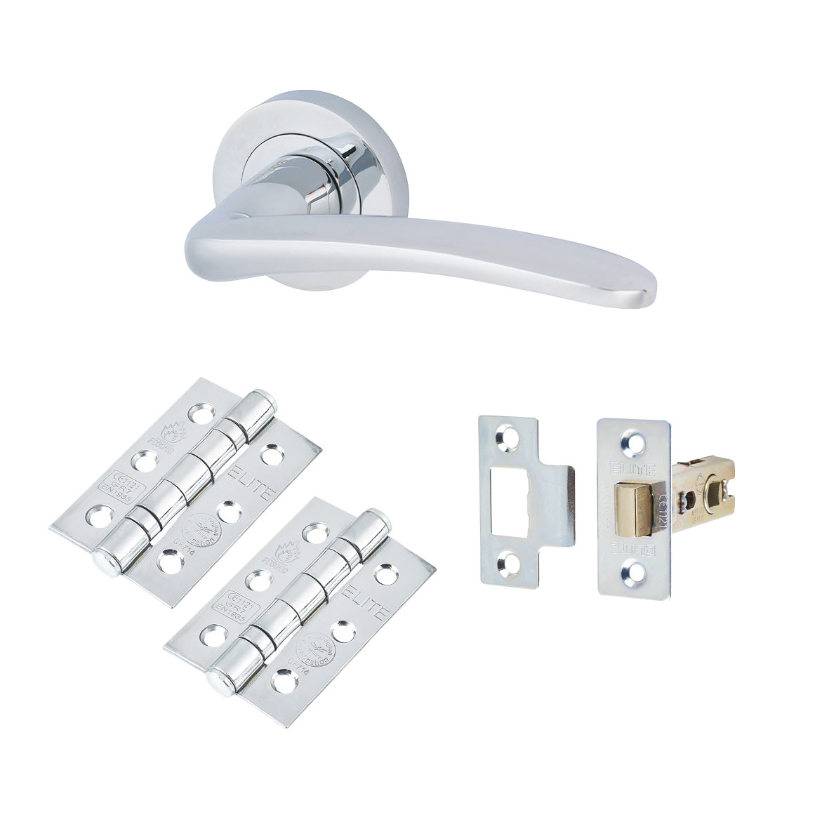 Polished Chrome Latch Door Handles on Rose Pack - Eloise Range
