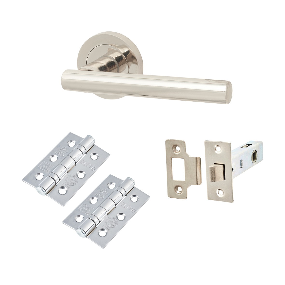Polished Nickel Latch Door Handles on Rose Pack - Ella Range