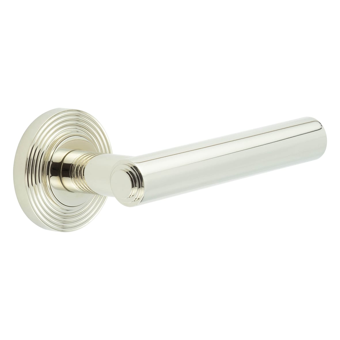Polished Nickel Fire Rated Door Handles on Round Reeded Rose - Richmond Range