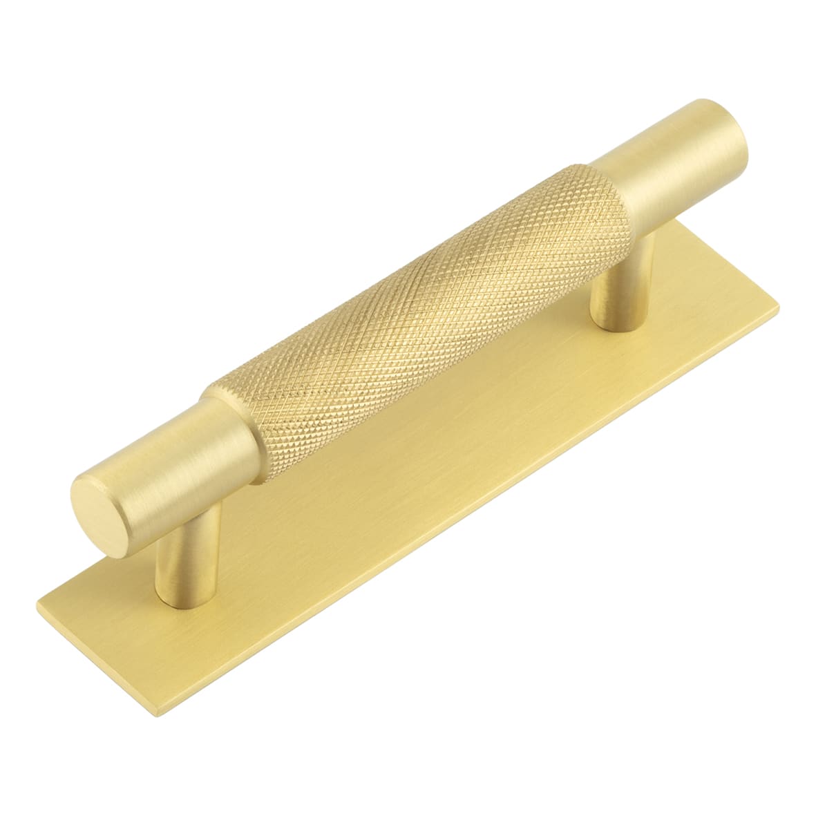 Taplow 18mm Knurled T-Bar Cabinet Pull Handle on Plain Backplate - 96mm c/c - Satin Brass