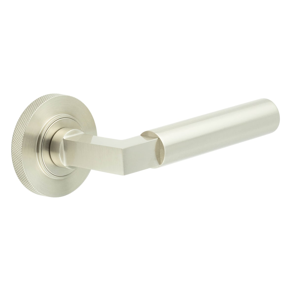 Satin Nickel Fire Rated Door Handles on Round Knurled Rose - Westminster Range