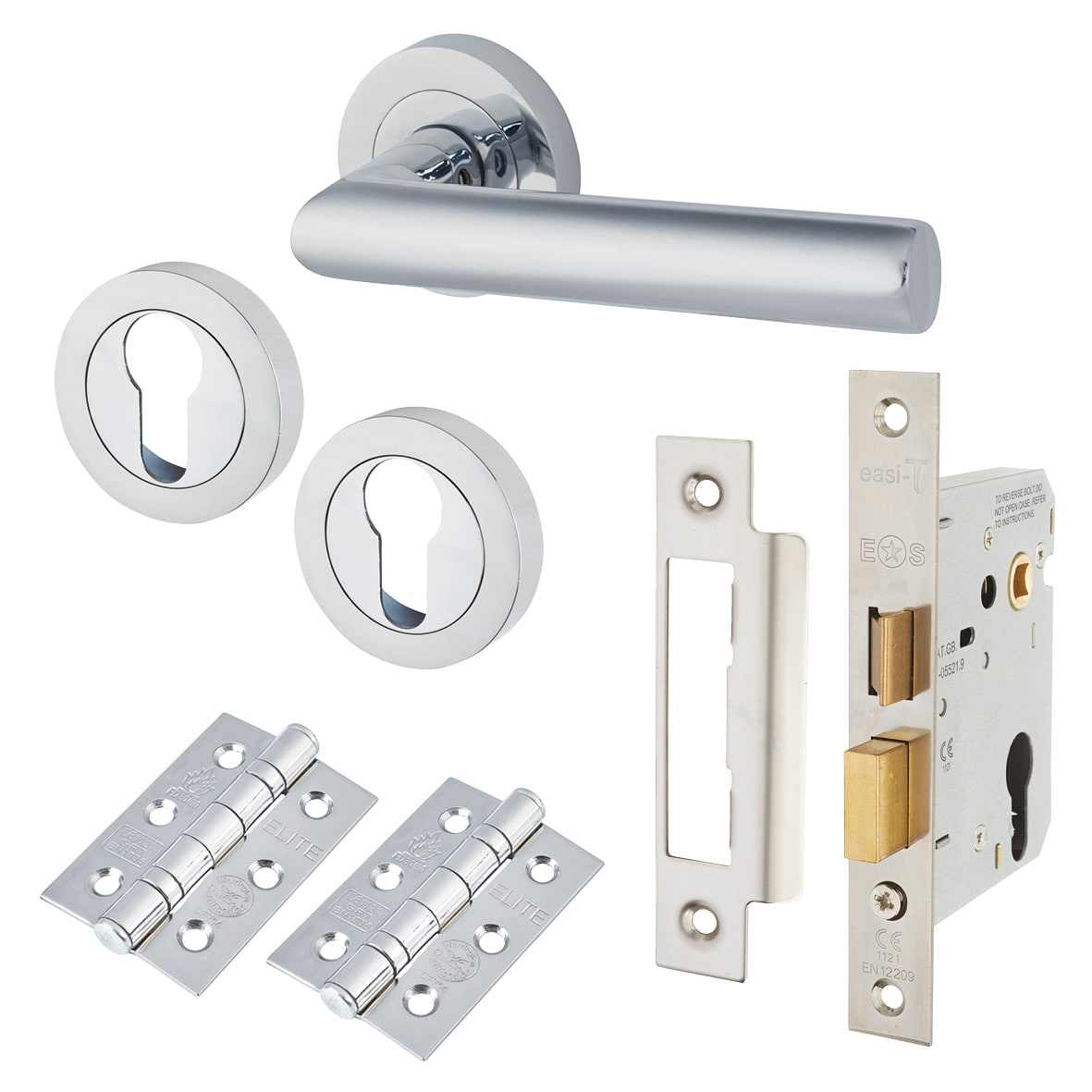 Polished Chrome Euro Lock Door Handle on Rose Pack - Emily Range