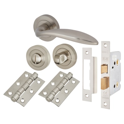 Satin Nickel Bathroom Lock Door Handles on Rose Pack - Morgan Range