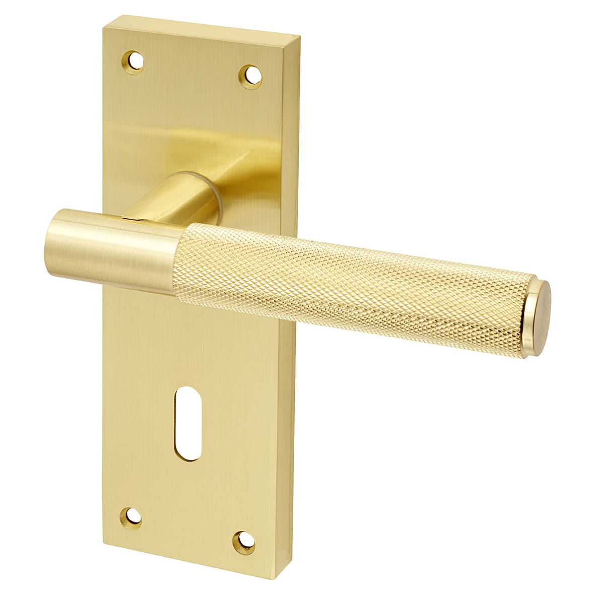 Satin Brass Knurled Keyhole Lock Door Handles - Remi Range - 155 x 55mm