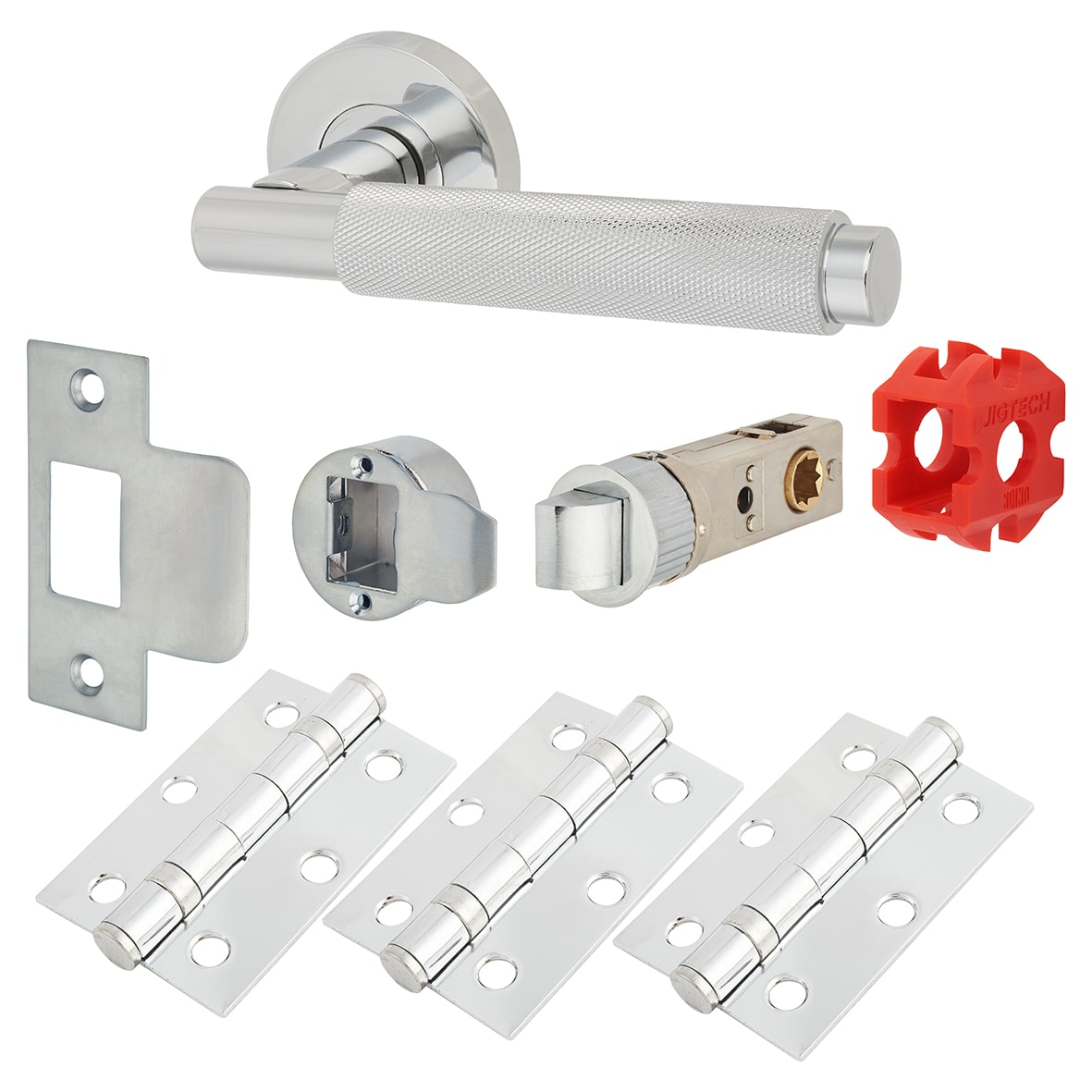 Polished Chrome Knurled Latch Door Handles on Rose Pack - Passage - Textura Range