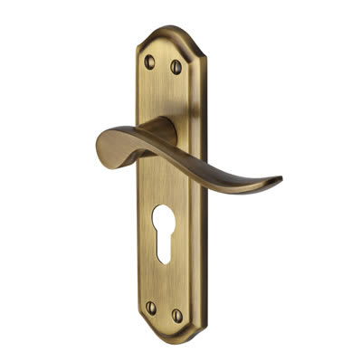 Marcus Antique Brass Scroll Euro Lock Door Handles - Sandown Range - 180 x 48mm