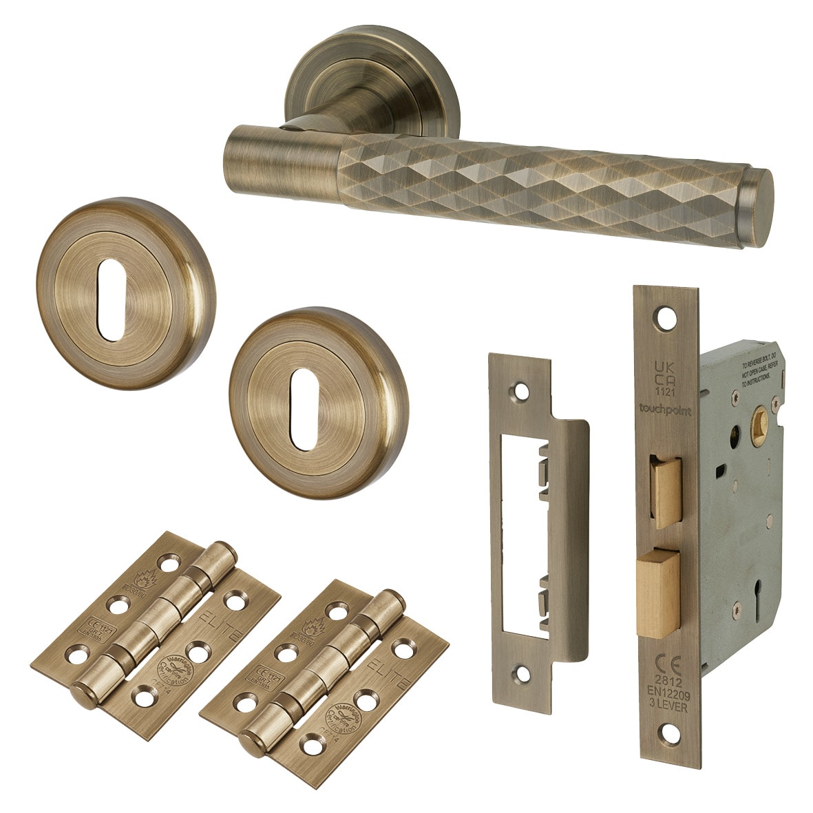 Antique Brass Diamond 3 Lever Sashlock Door Handles on Rose Pack - Luna Range