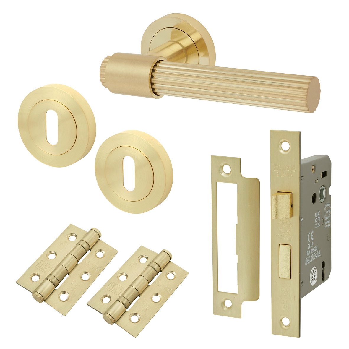 Satin Brass Lines 3 Lever Sashlock Door Handles on Rose Pack - Eva Range