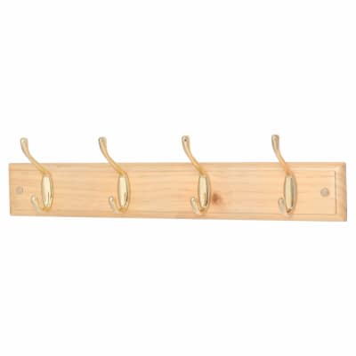 Hat & Coat Hook Rail - 450 x 70 x 15mm - 4 Hooks - Pine Board with Polished Brass Hooks