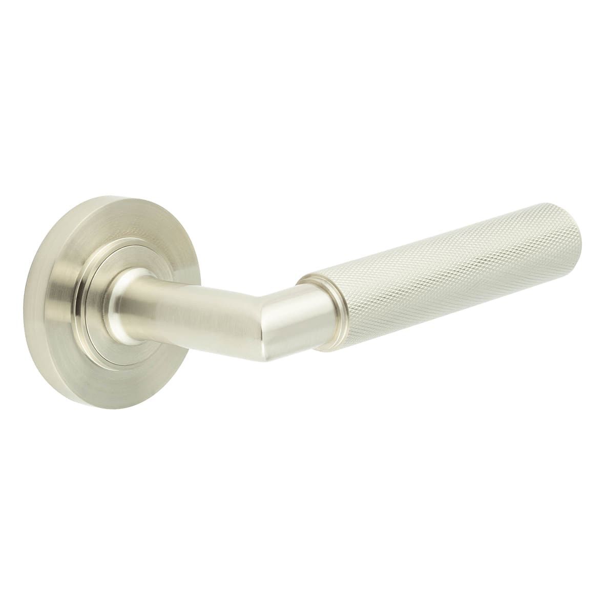 Satin Nickel Knurled Fire Rated Door Handles on Round Rose - Piccadilly Range