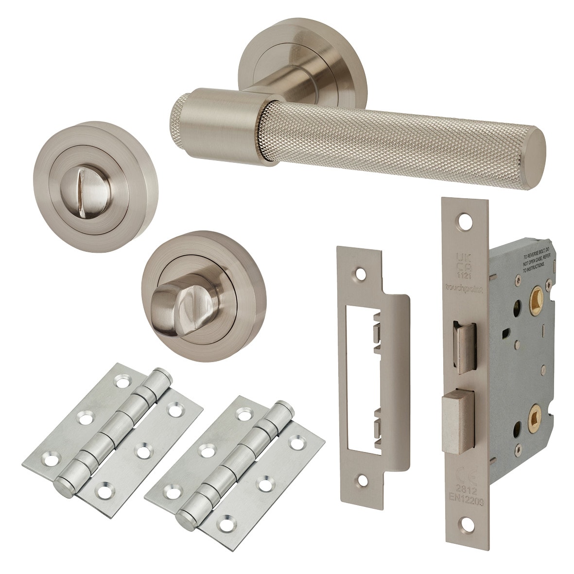Satin Nickel Knurled Bathroom Lock Door Handles on Rose Pack - Esme Range