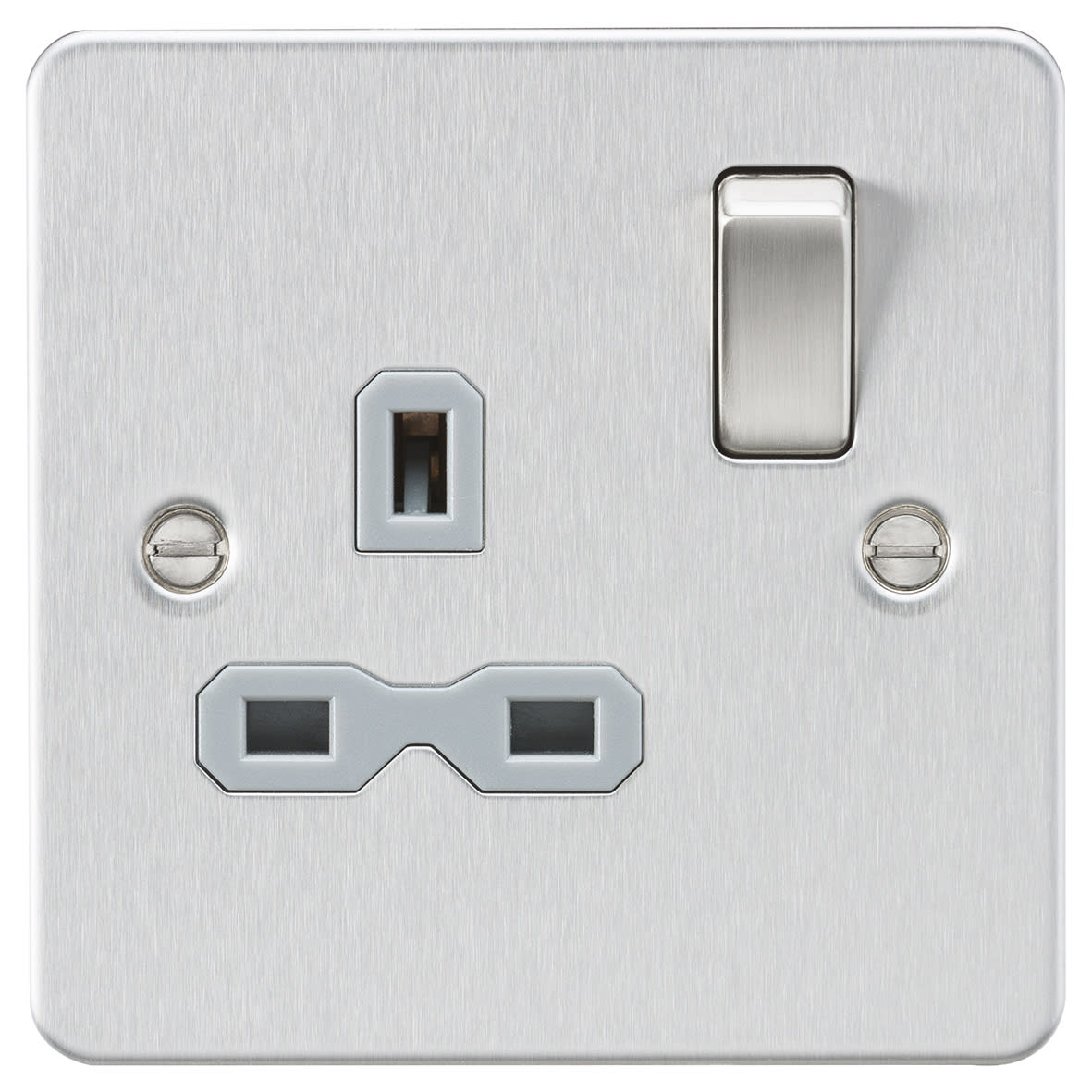 13A 1 Gang Double Pole Flat Plate Switched Socket - Brushed Chrome with Grey Insert