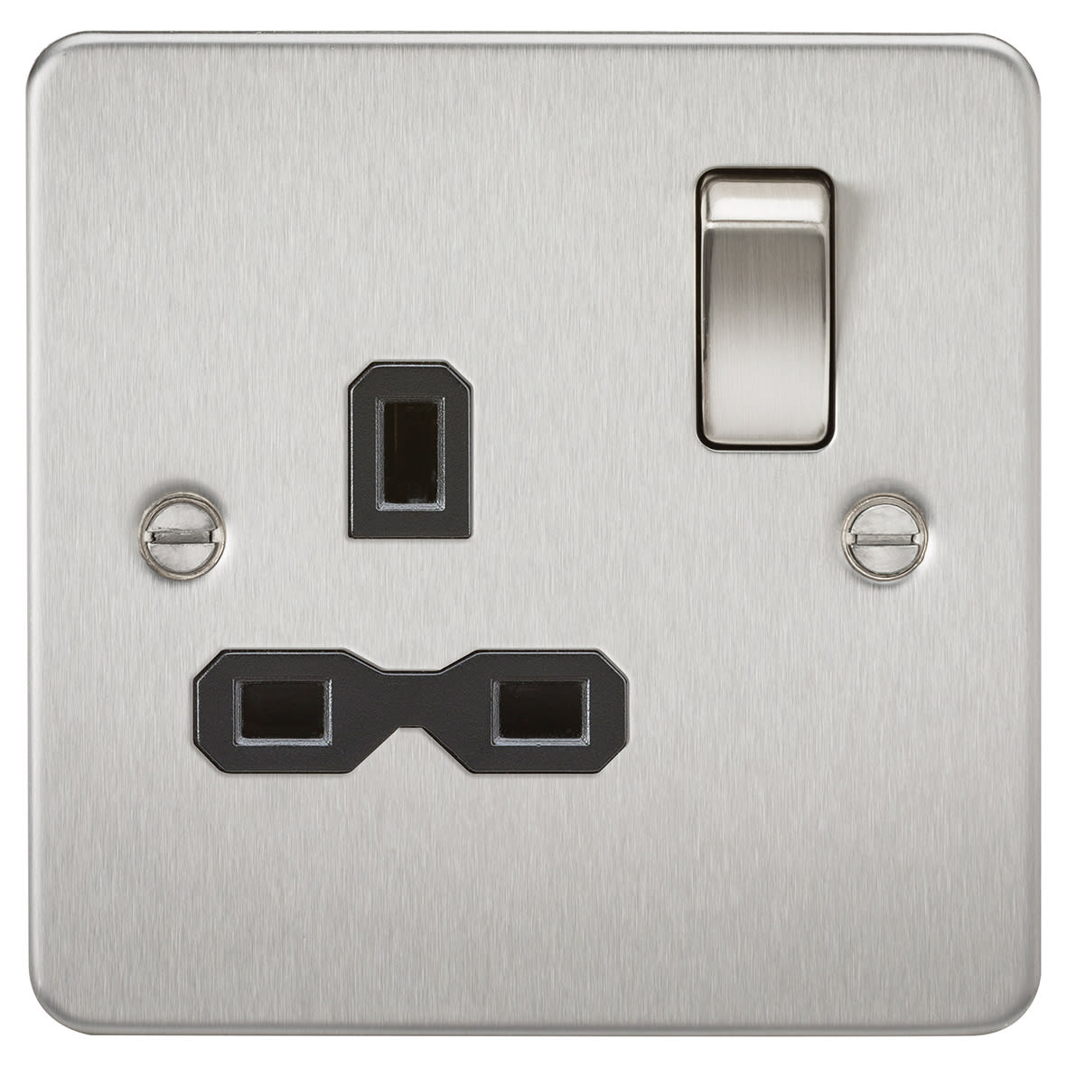 13A 1 Gang Flat Plate Double Pole Switched Socket - Brushed Chrome with Black Insert