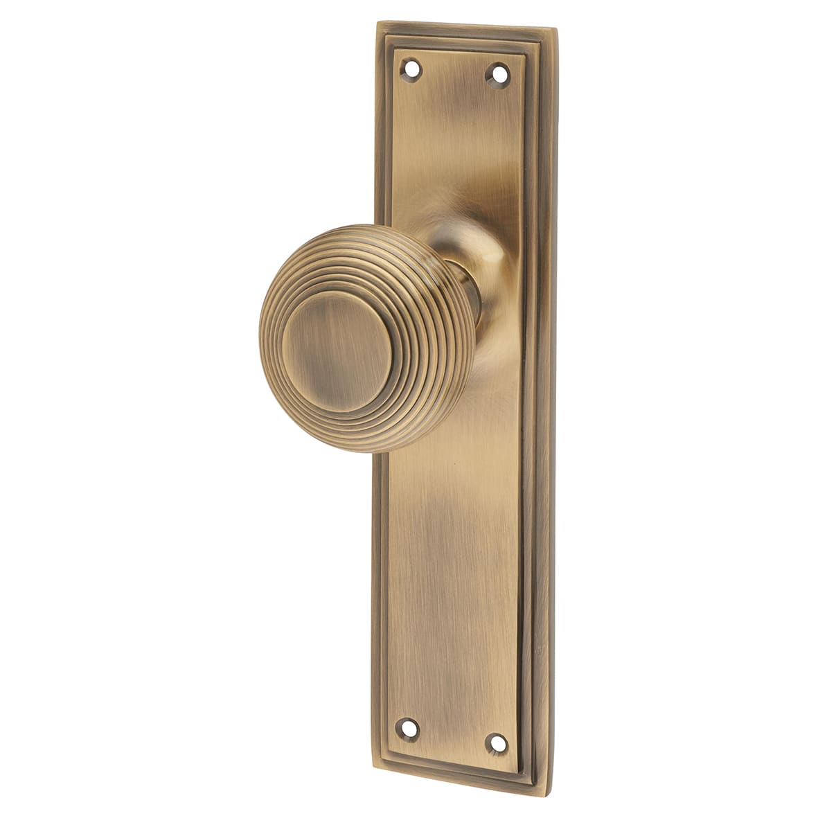 Antique Brass Reeded Latch Mortice Door Knob on Backplate - 205 x 52mm - Miller Range
