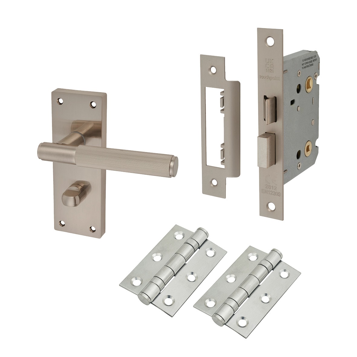 Satin Nickel Lines Bathroom Lock Door Handles Pack - Nova Range